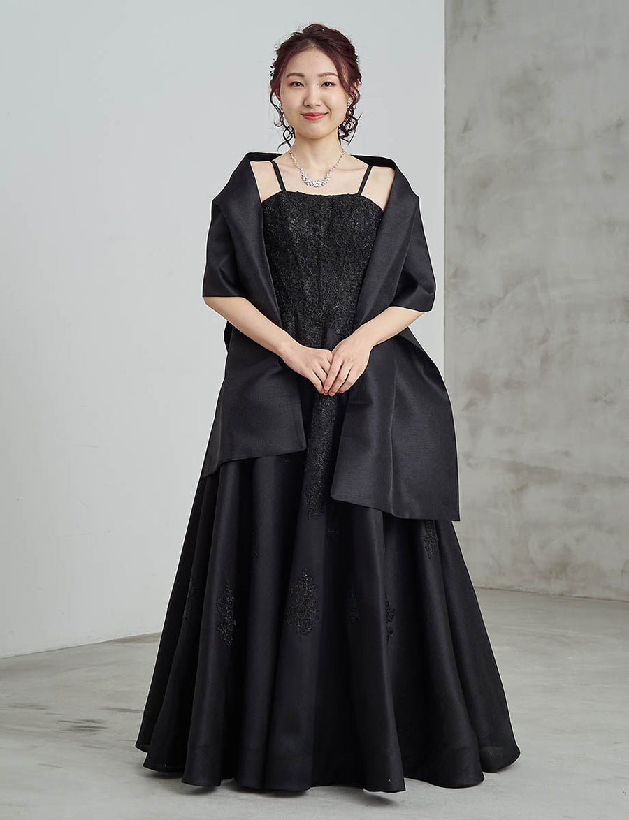 ロングドレス ベアトップ 肩紐付き 演奏会 発表会 サテンブラック