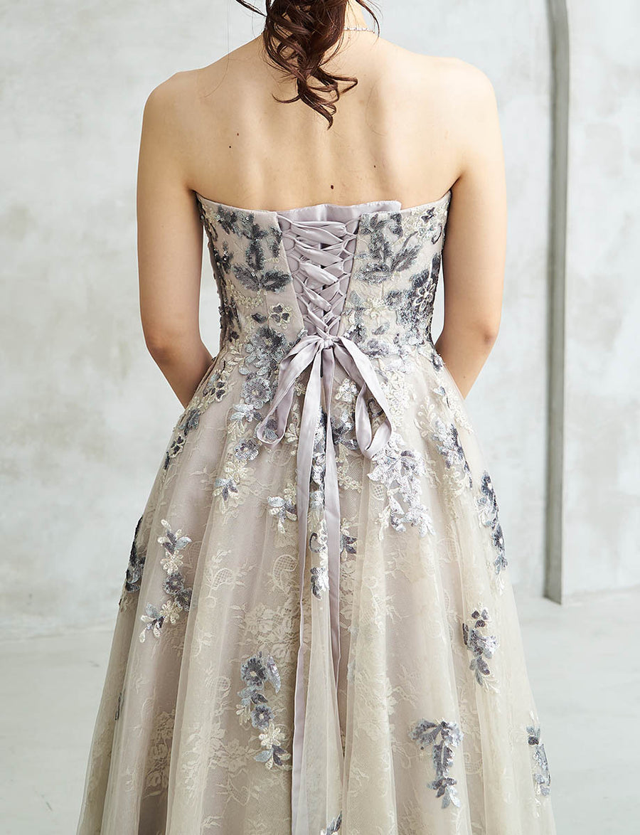 シルバー ロングドレス ベアトップ スパンコールレース チュール 肩