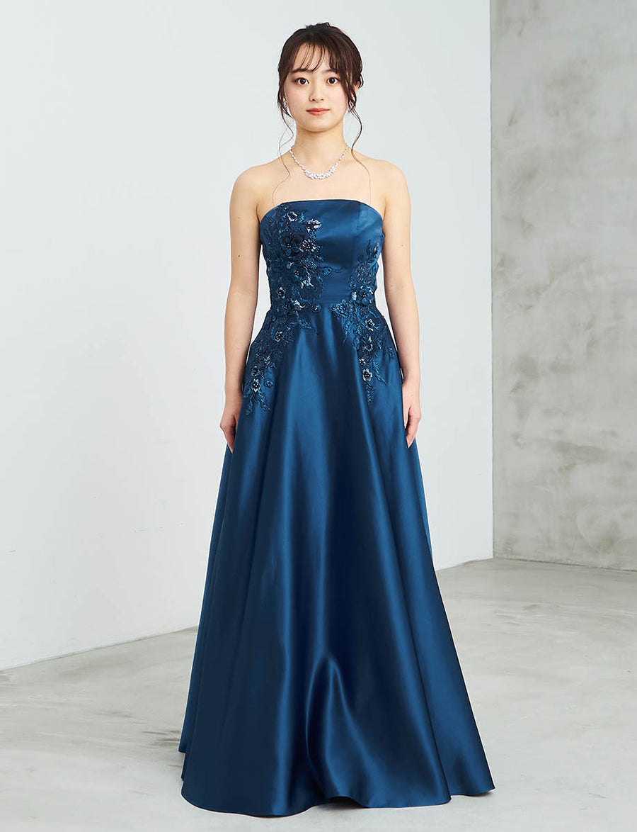 ミッドナイトブルー ロングドレス ベアトップ アップリケ刺繍 サテン