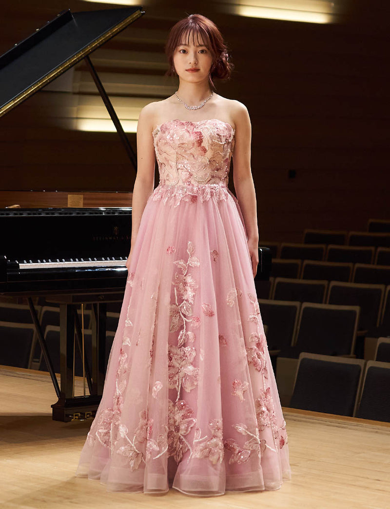 ピンクベージュ フローラルレース ロングドレス ベアトップ 発表会