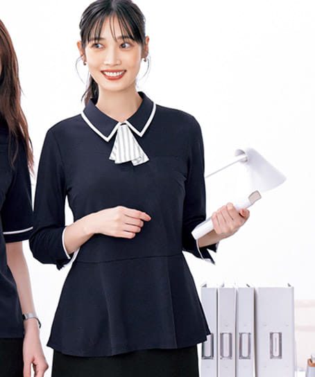 全2色】ポロシャツ（リボンアクセ付き・七分袖・ニット・2way