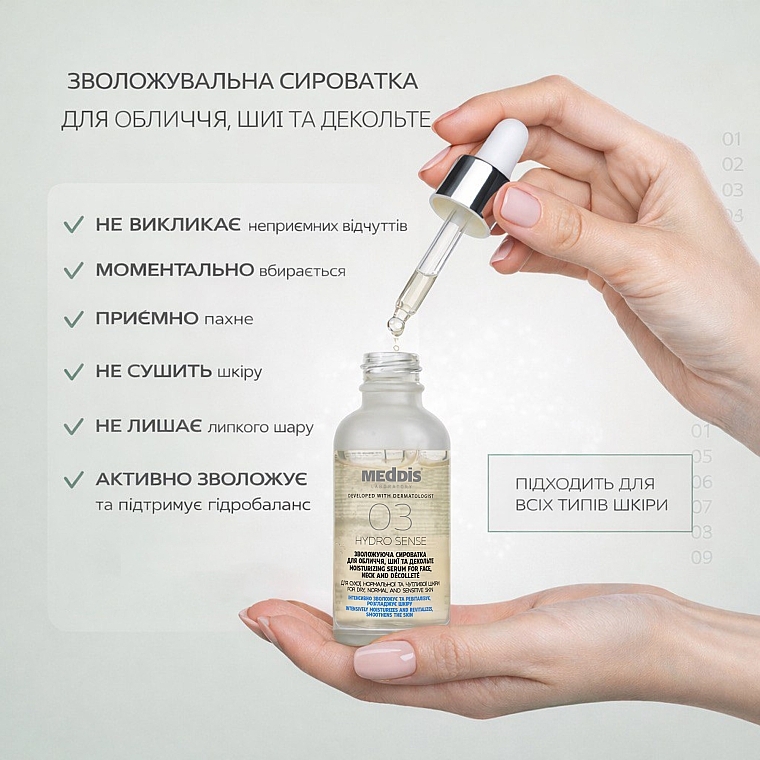 Зволожувальна сироватка для обличчя, шиї та зони декольте - Meddis
