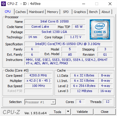 Intel Core i5 10500 @ 4200 MHz - CPU-Z VALIDATOR