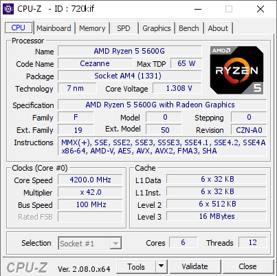 AMD Ryzen 5 5600G @ 4200 MHz - CPU-Z VALIDATOR