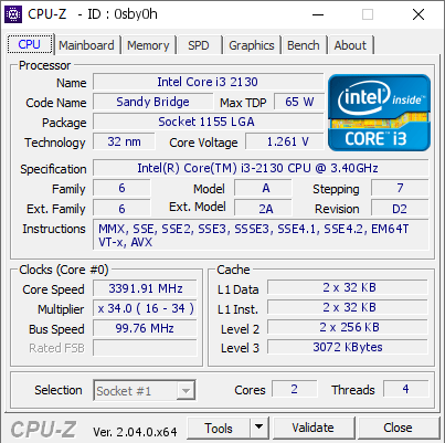 Intel Core i3 2130 @ 3391.91 MHz - CPU-Z VALIDATOR
