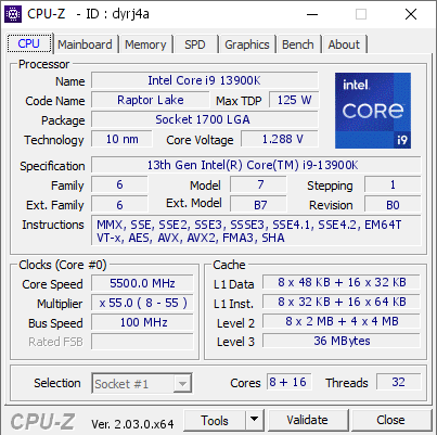 Intel Core i9 13900K @ 5500 MHz - CPU-Z VALIDATOR