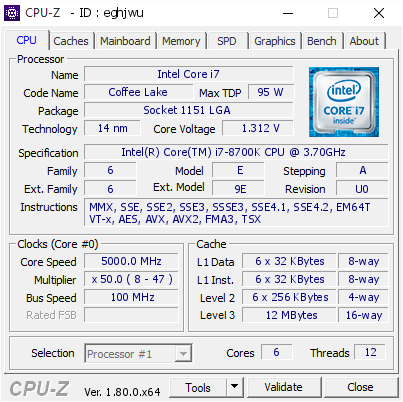 Intel Core i7 @ 5000 MHz - CPU-Z VALIDATOR