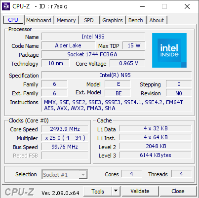 Intel N95 @ 2493.9 MHz - CPU-Z VALIDATOR