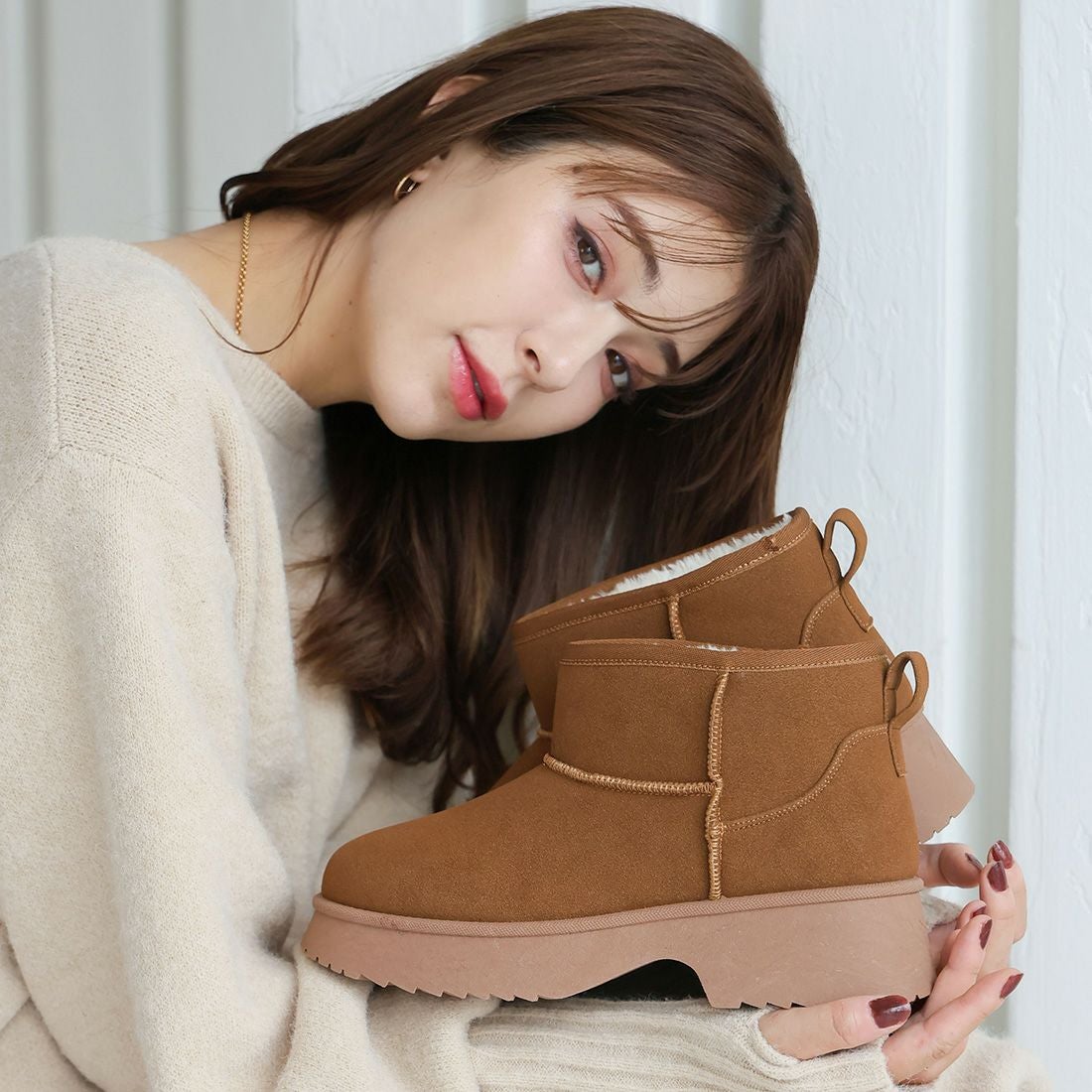 もふぽか厚底5.0cmチャンキーヒールムートンブーツ ｜靴・レディース