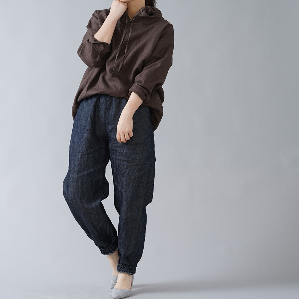 リネンパンツ】リネン100% デニム もんぺ /ダークインディゴ b005f-din3