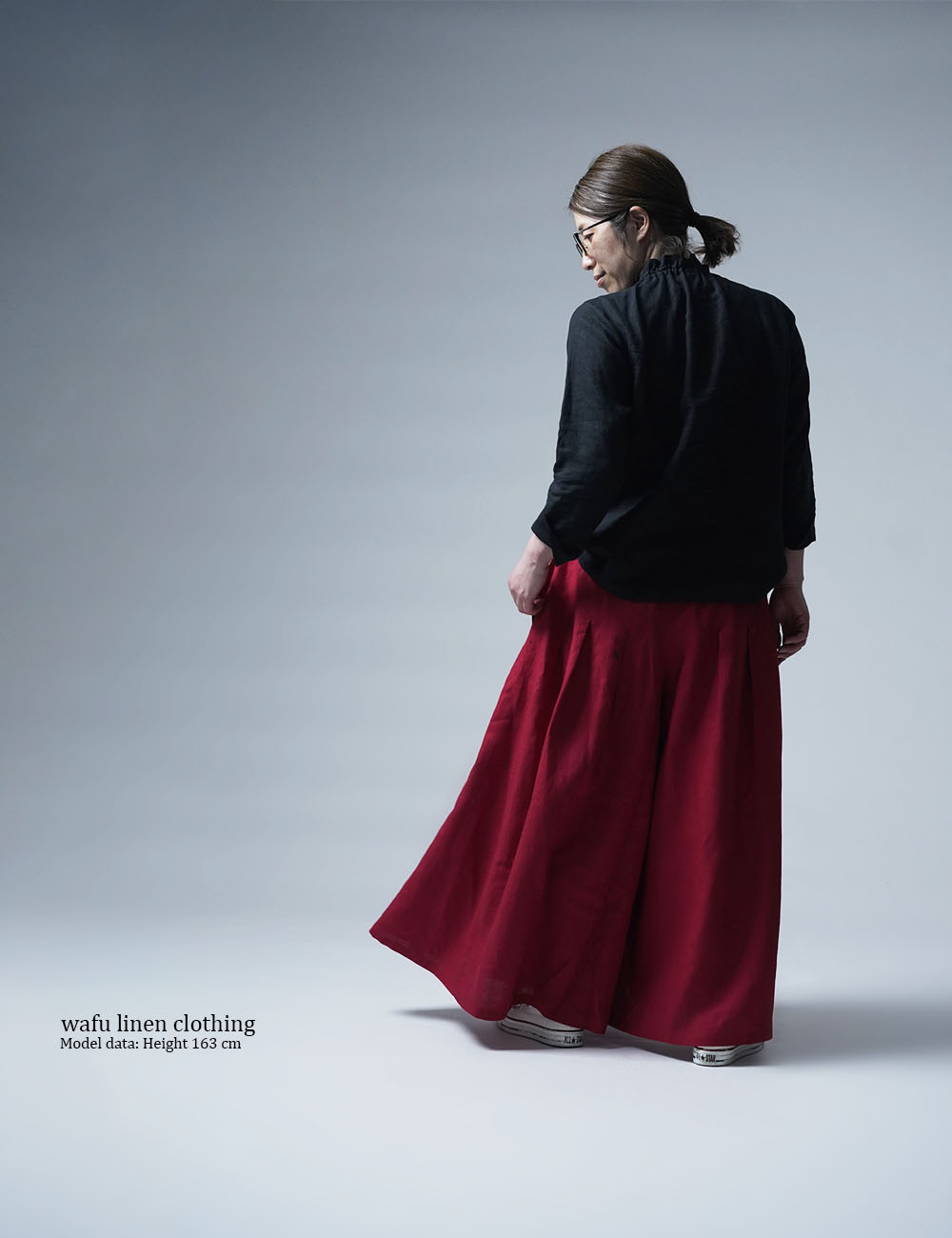 リネンパンツ】袴(はかま)パンツ /赤紅 b002k-akb1