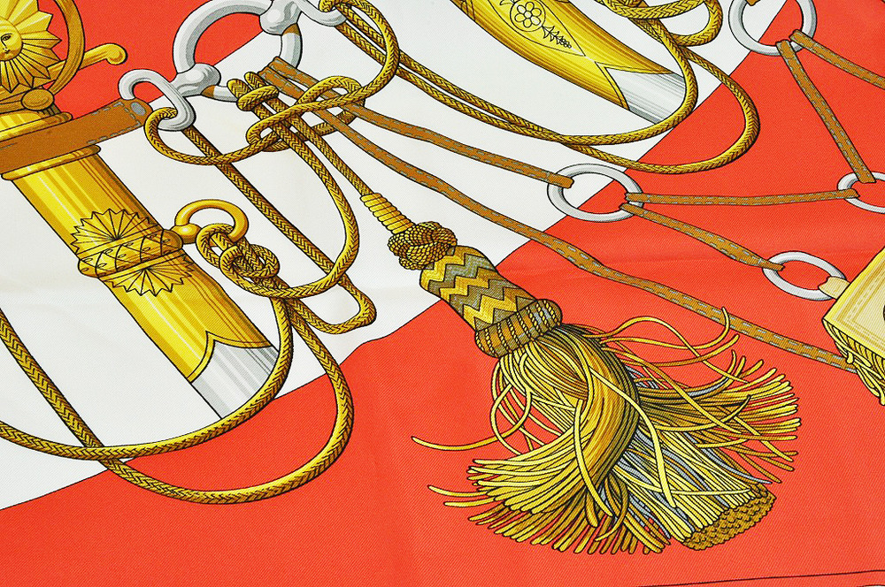 エルメス カレ スカーフ Cliquetis(剣柄) シルク オレンジ 90*90｜ここ