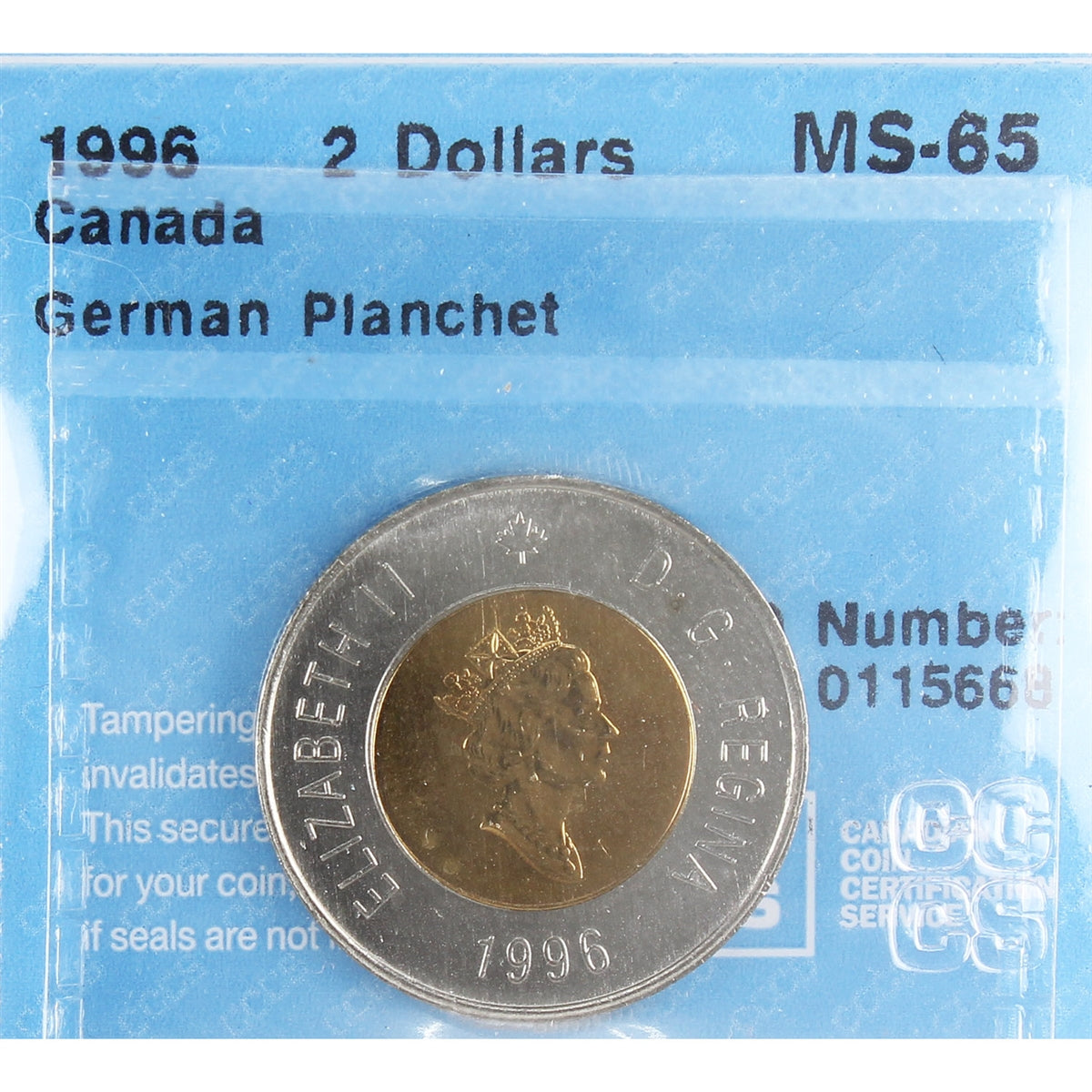 1996 German Planchet Canada Two Dollar CCCS Certified MS65