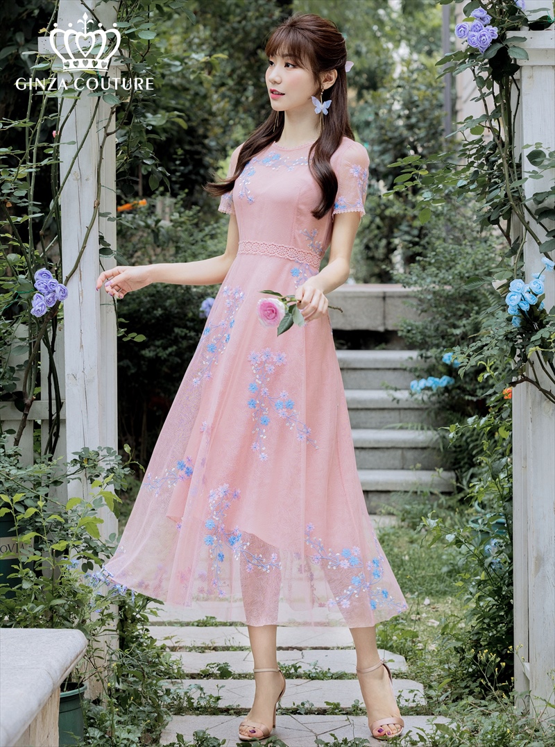 Aライン・フワラーモチーフ・総レース・ミディアムドレス・ワンピース