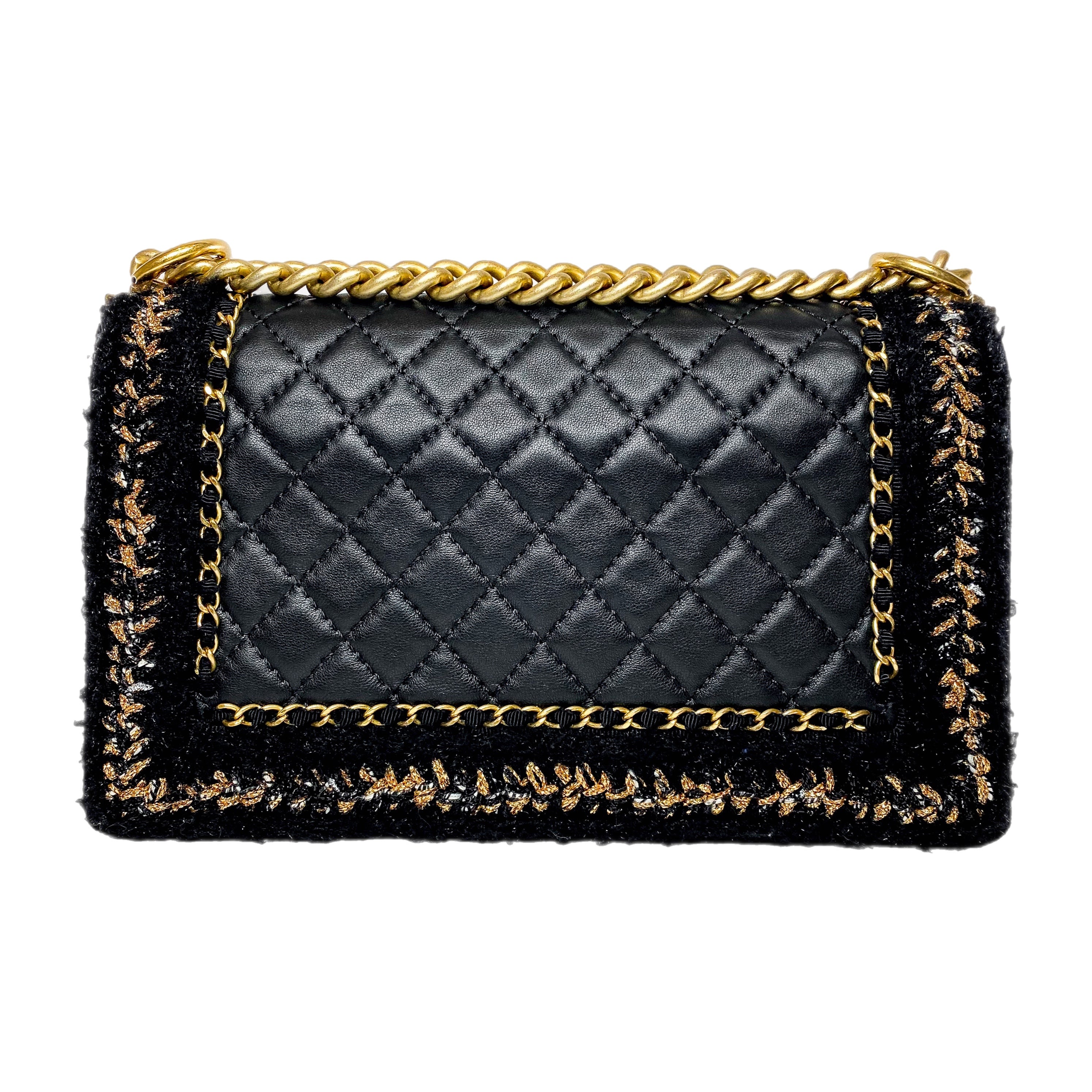 Chanel Black Tweed Lambskin Quilted Braided Jacket Boy Flap Bag