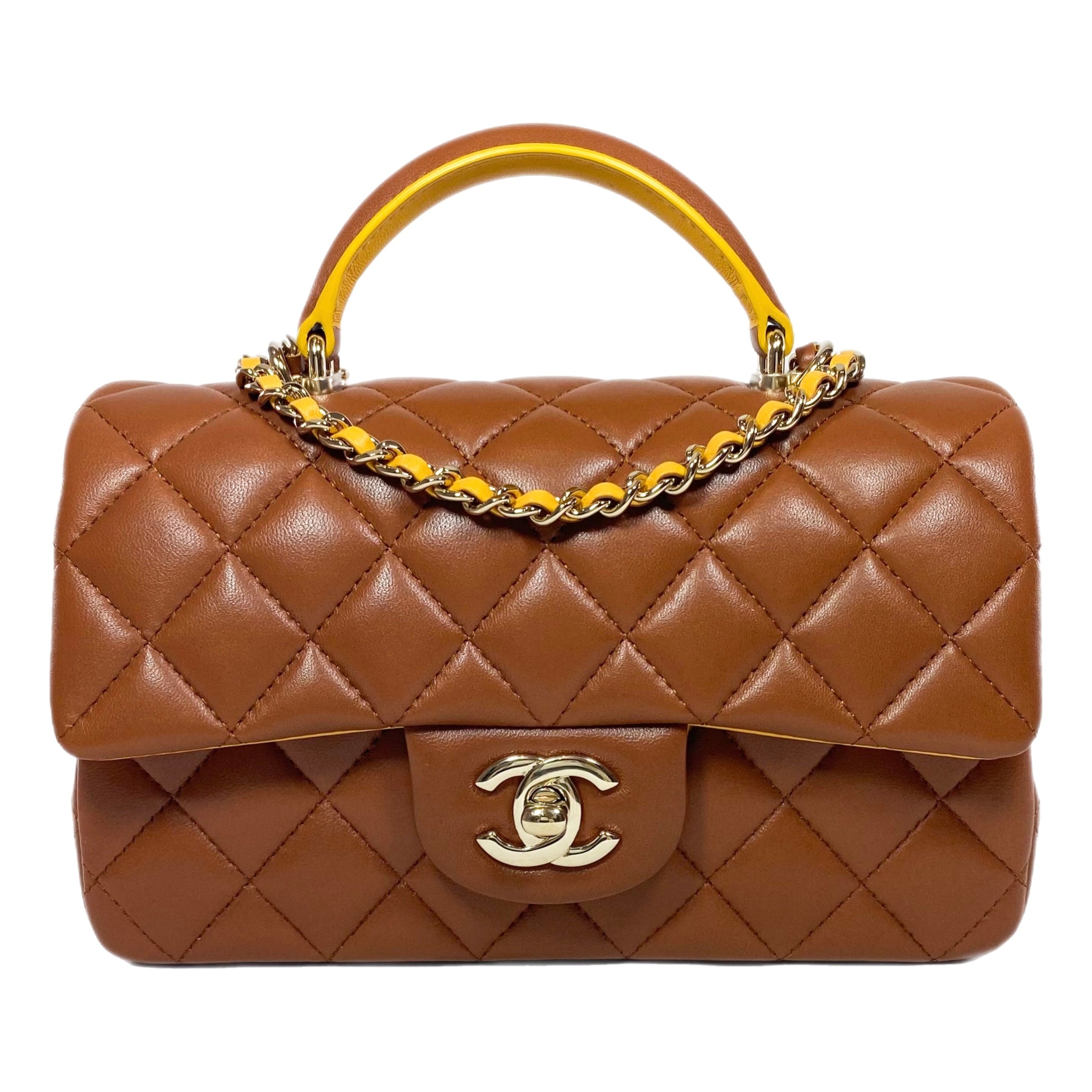 Chanel Quilted Lambskin Brown and Yellow Mini Top Handle Flap Bag