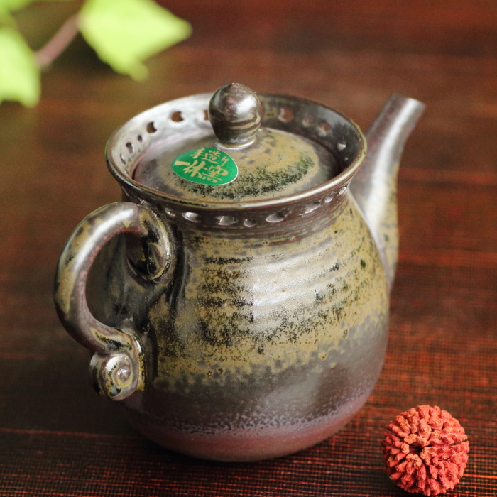 故藤井一休 窯変ダルマ型透かし彫り後手急須中 満容量160ml 作家もの