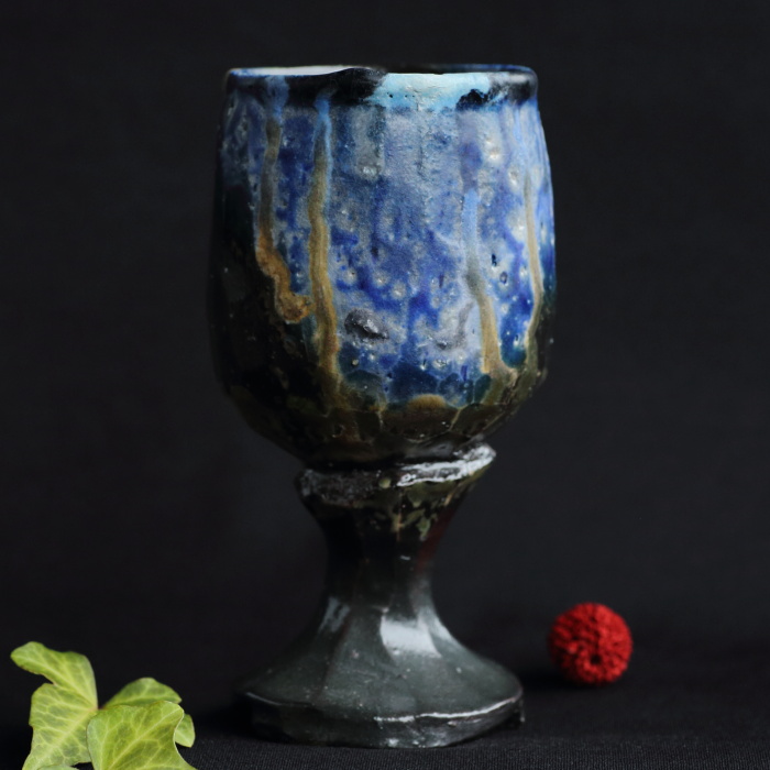 馬場隆志 備前窯変蒼ワイングラス 満容量280ml 登り窯焼成 陶芸作家