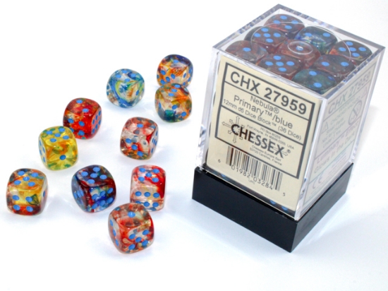 Chessex : Nebula Primary/blue Luminary 12mm d6 Dice Block (36 dice)