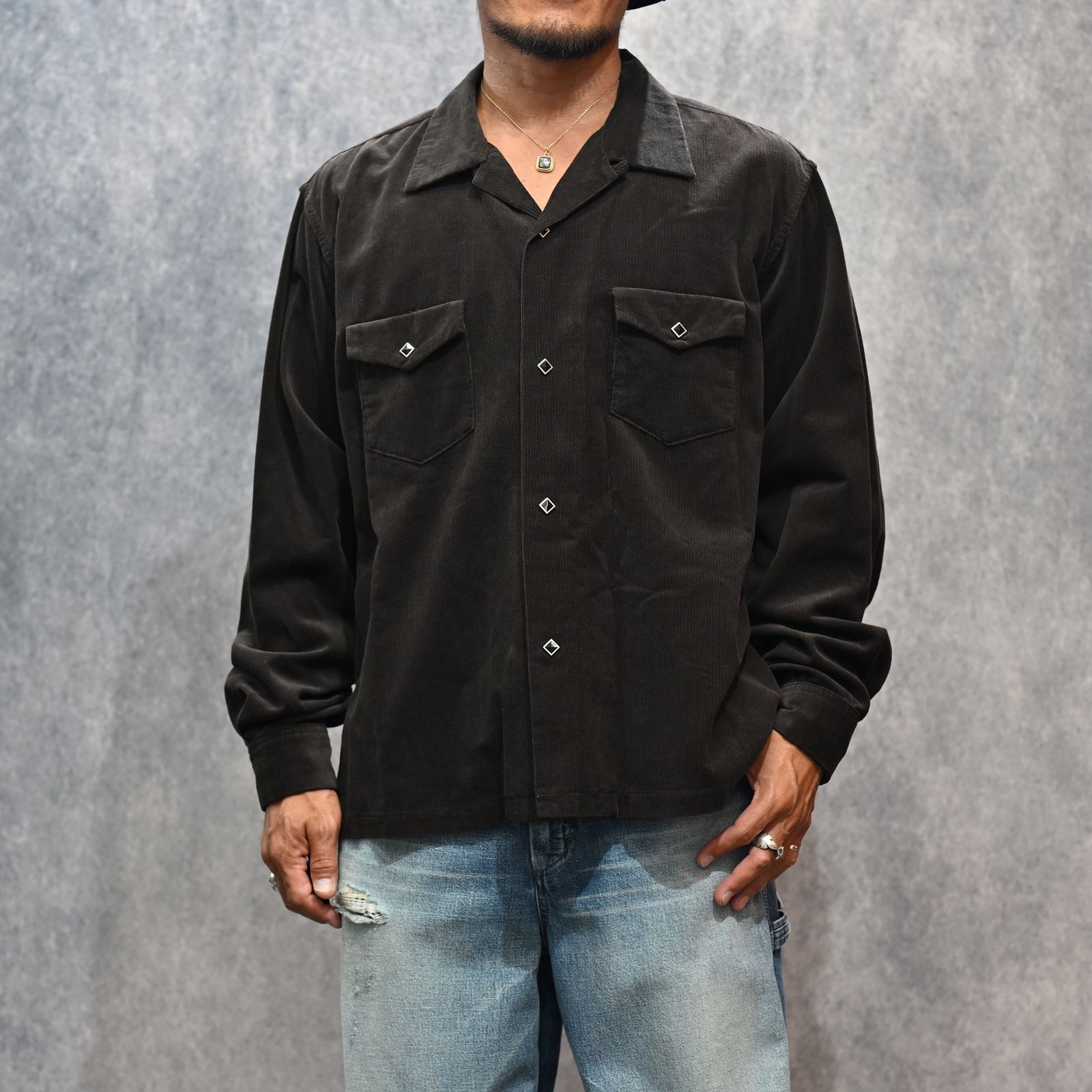MINEDENIM - Narrow Corduroy Western Open Collar SH （DBR