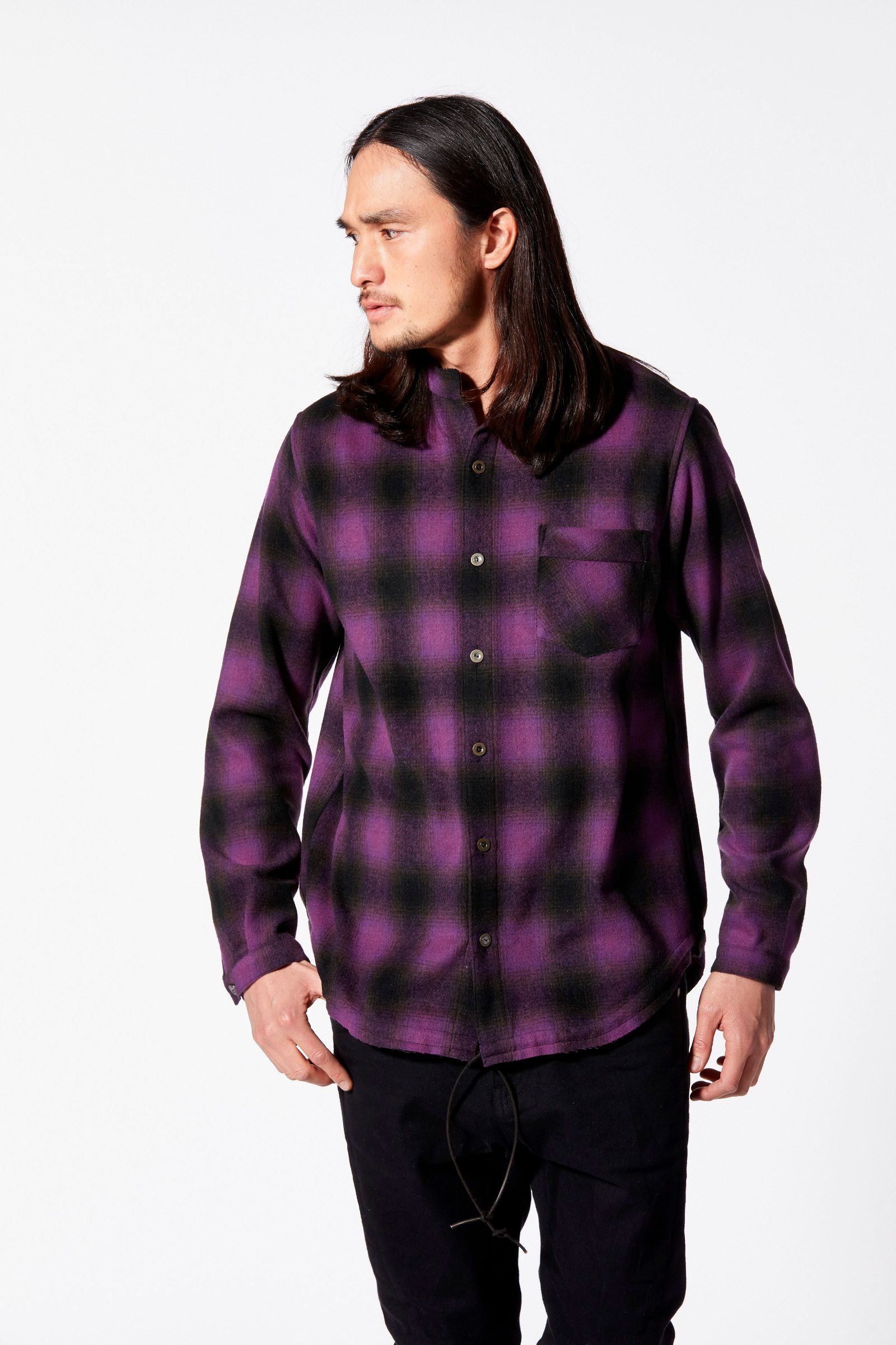 ISAMU KATAYAMA BACKLASH - ウールナイロン ノーカラーチェックシャツ