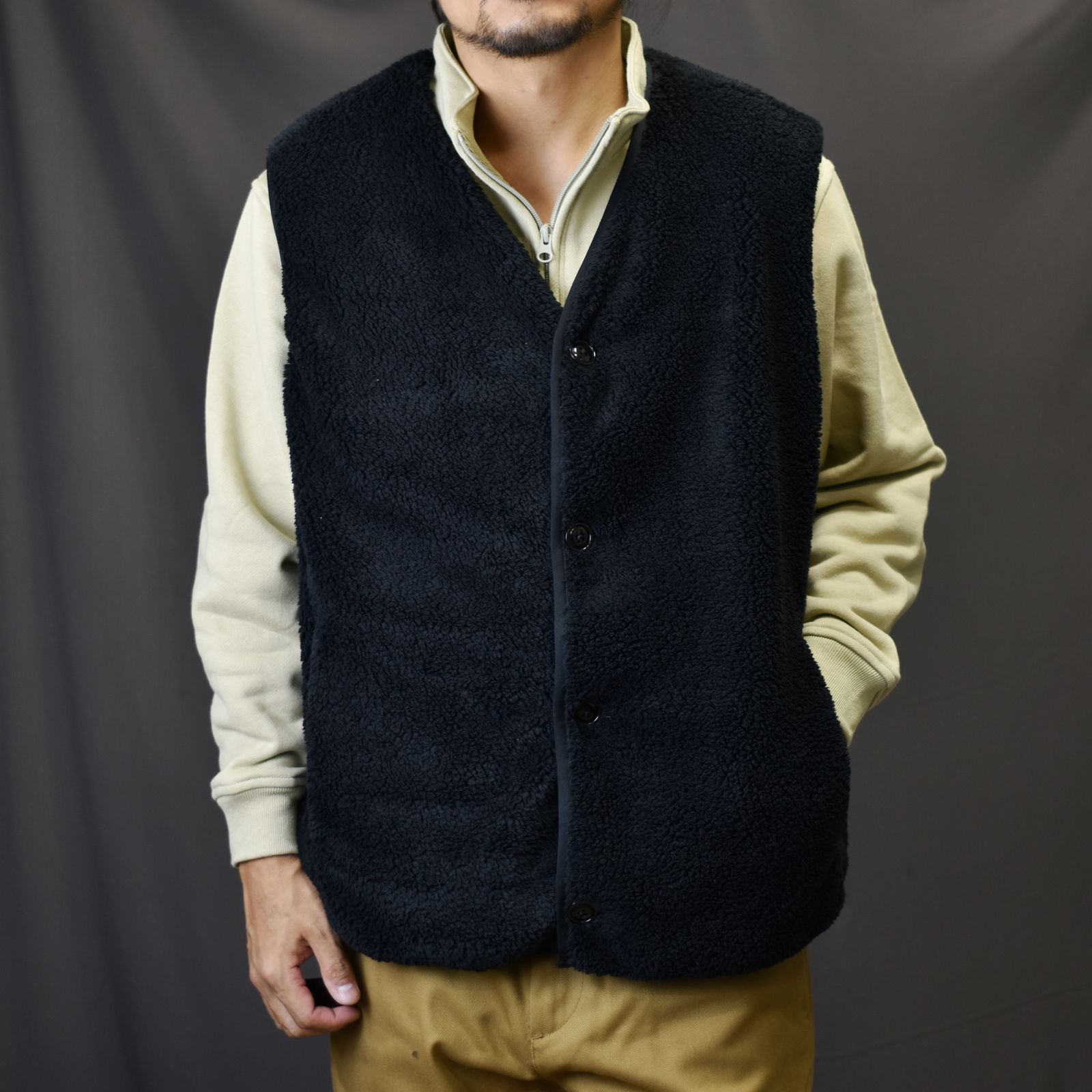 CALEE - NYLON RIP FLEECE WAIST COAT (BLACK) / ナイロン リップ