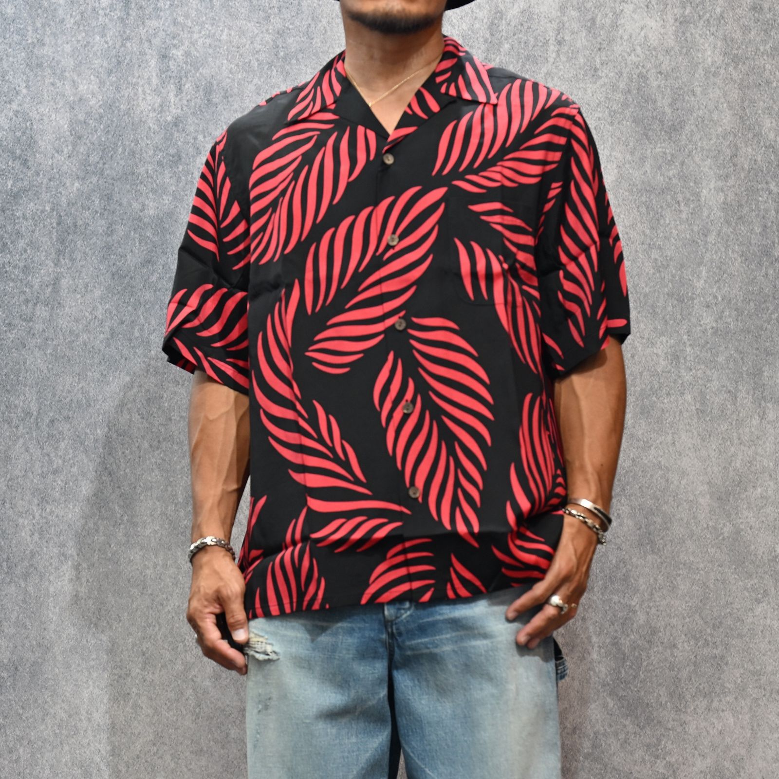 MINEDENIM - × WACKO MARIA Leaf Motif Hawaiian Shirt （BLACK×RED