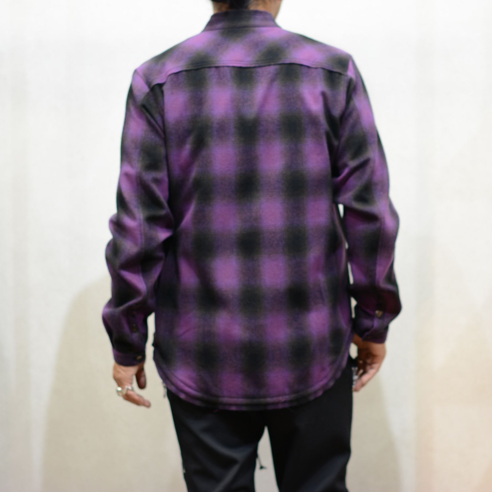 ISAMU KATAYAMA BACKLASH - ウールナイロン ノーカラーチェックシャツ