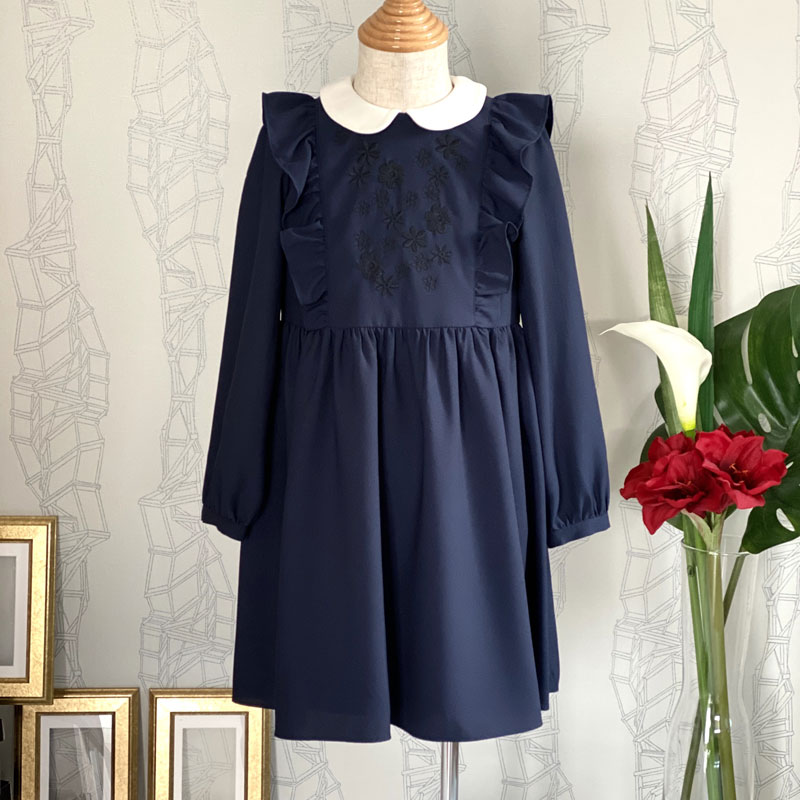 新品 組曲 ワンピース 90-100 花柄刺繍 ネイビーフォーマル