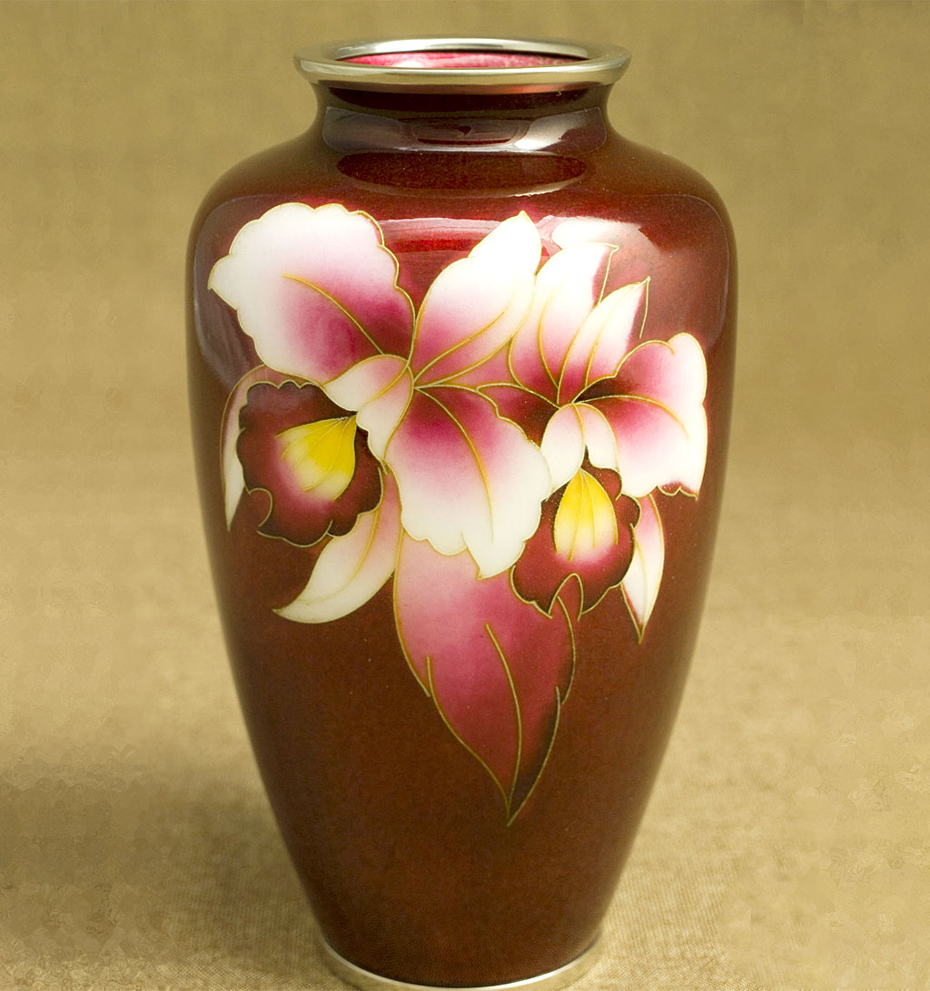 七宝焼 花瓶 6寸並形赤透け カトレア - CRAFTS DESIGN