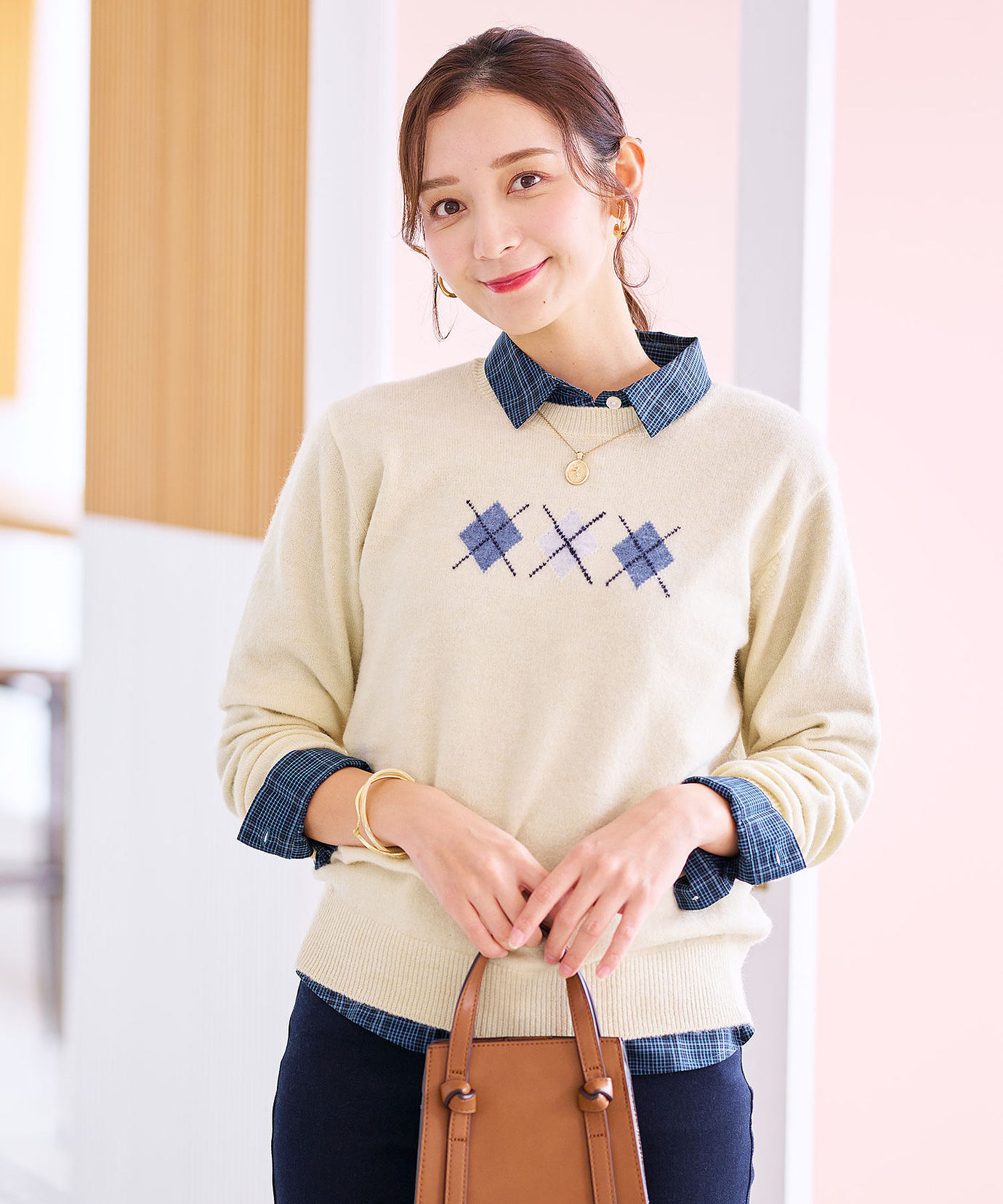 レディース ウールブレンド アーガイル柄 ニット【手洗いOK】通販