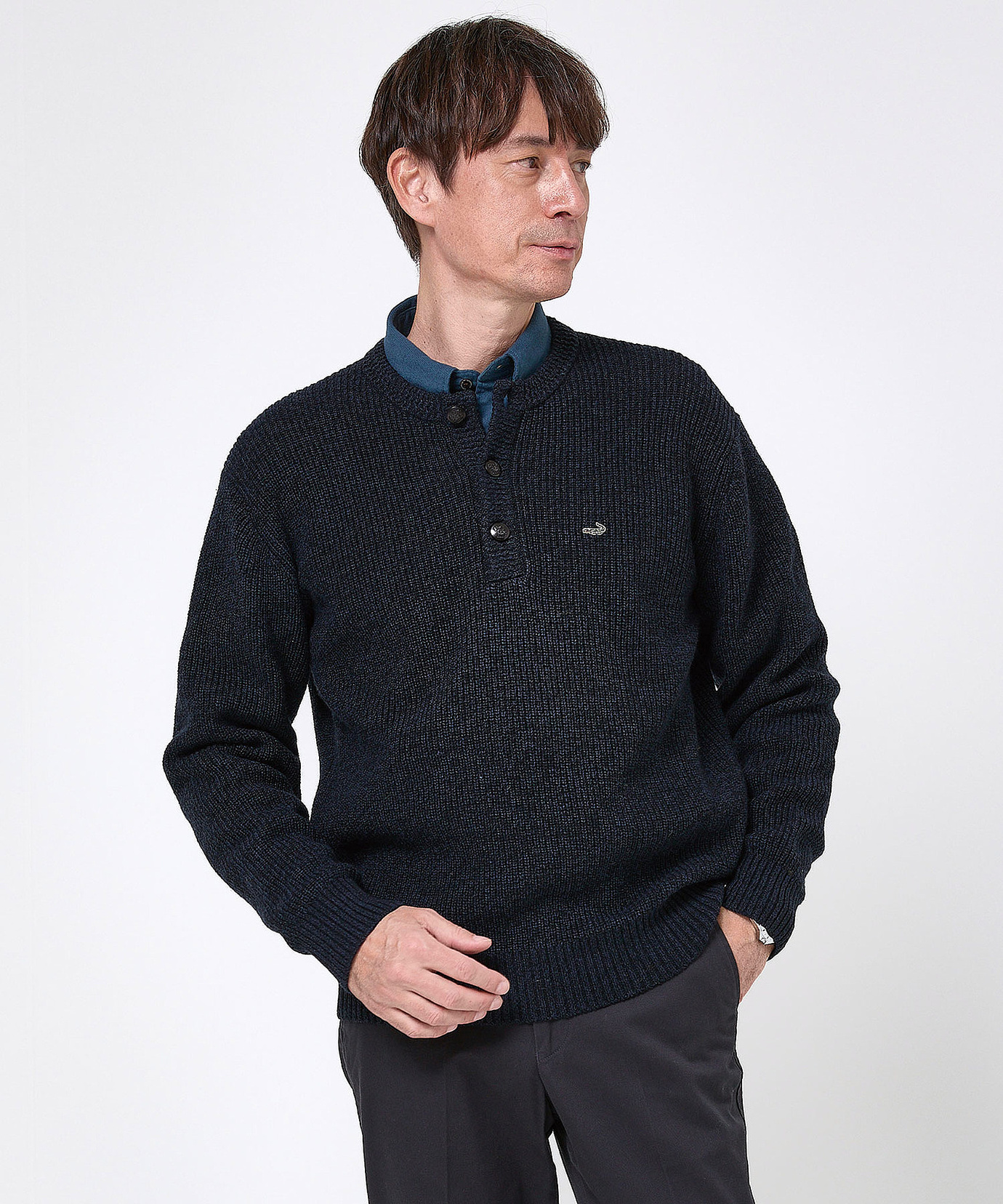 メンズ ウールブレンド ヘンリーネック ニット【手洗いOK】通販 [1603