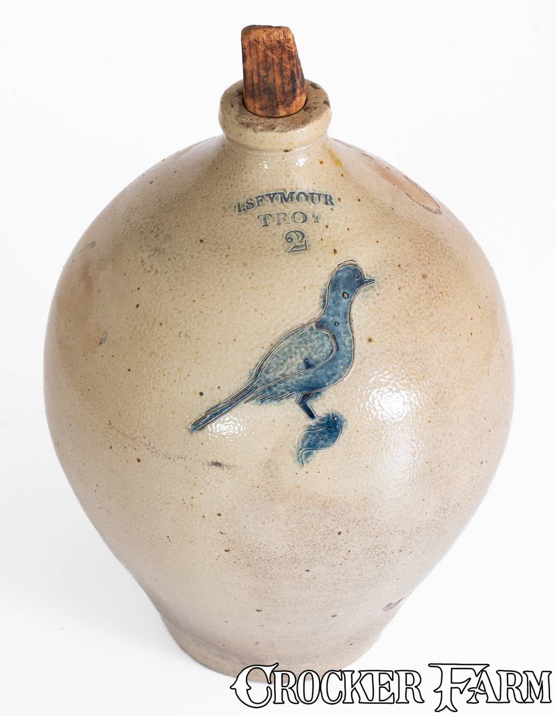 I. SEYMOUR / TROY, New York Stoneware Jug w/ Incised Bird
