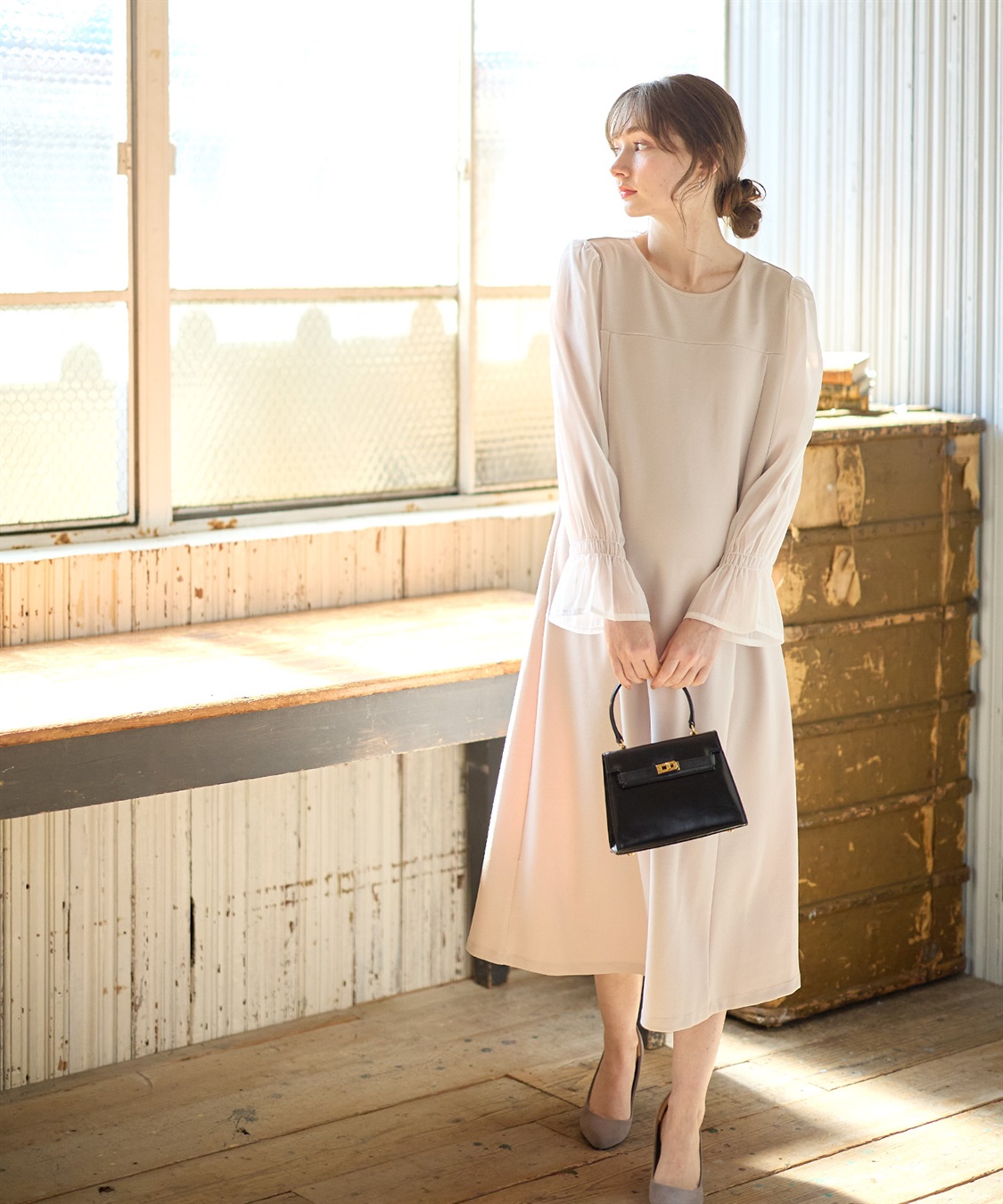 シフォンスリーブ ストレッチジョーゼットワンピース（マタニティ/授乳