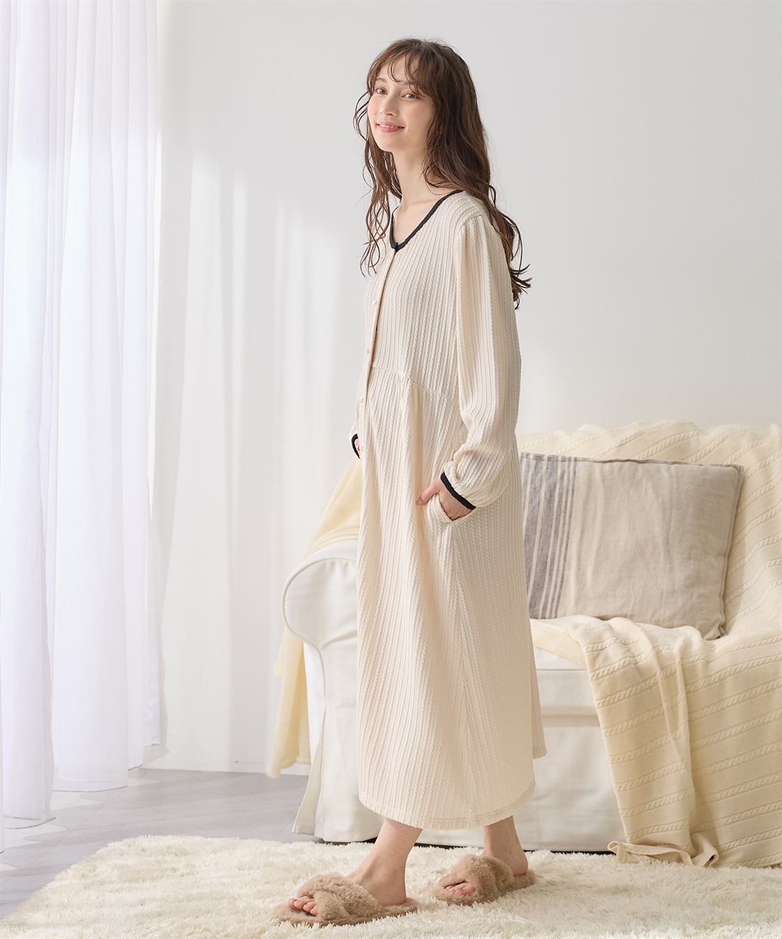 ポコポコジャガードバイカラーネグリジェ/ワンピースパジャマ/ルーム