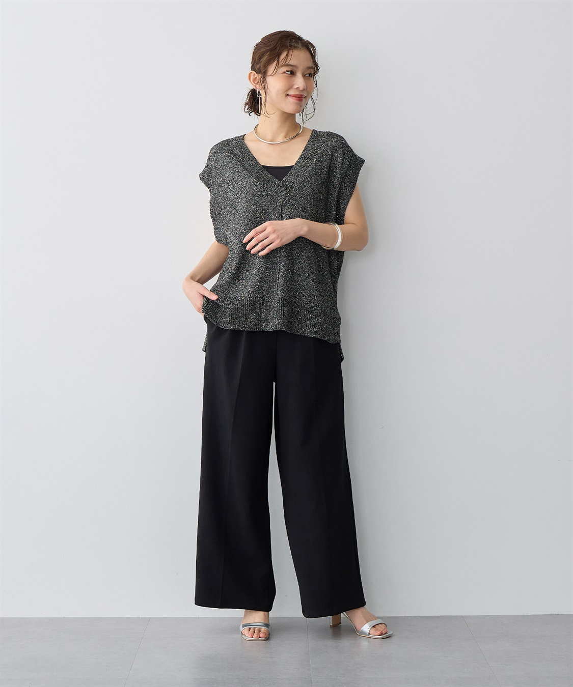 anyfee/プラスサイズ】ニットジョーゼットワイドパンツ anyfee｜クロス