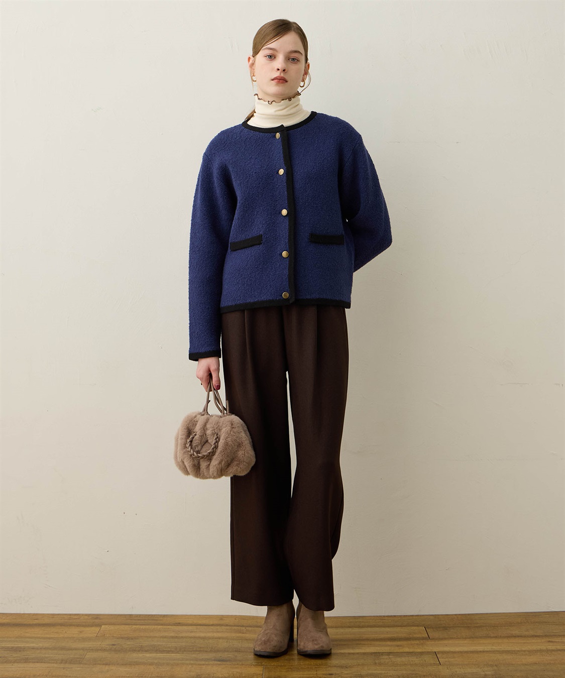 ノーカラーニットジャケット【ハンドウォッシャブル】 LE SOUK HOLIDAY