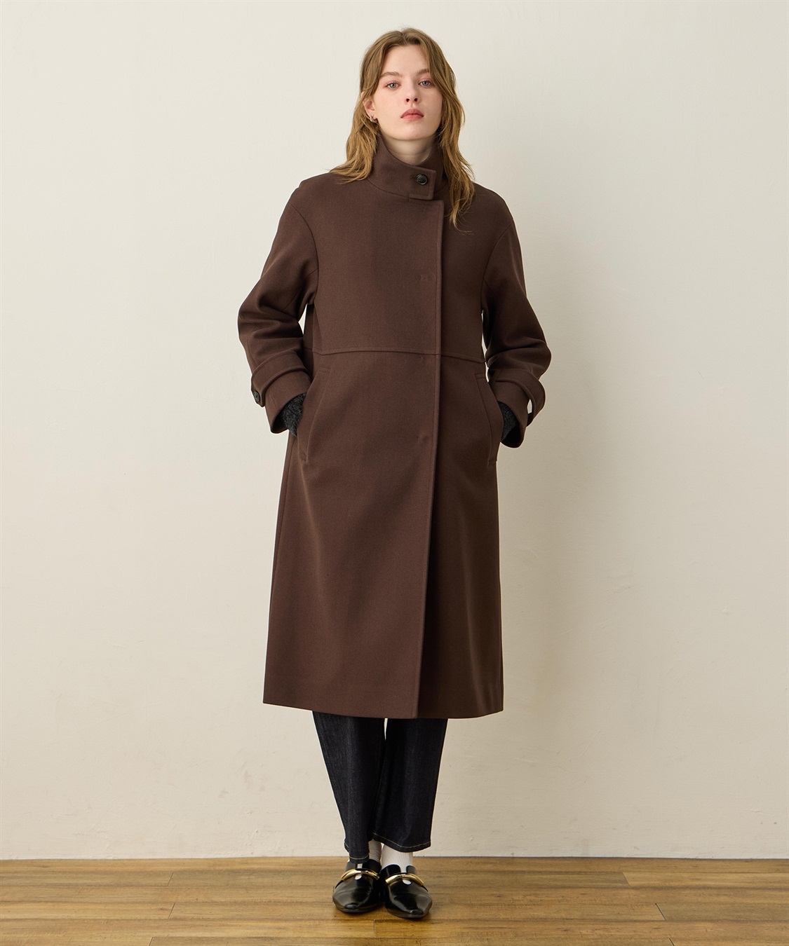 フェイクウールスタンドカラーロングコート LE SOUK HOLIDAY｜クロス