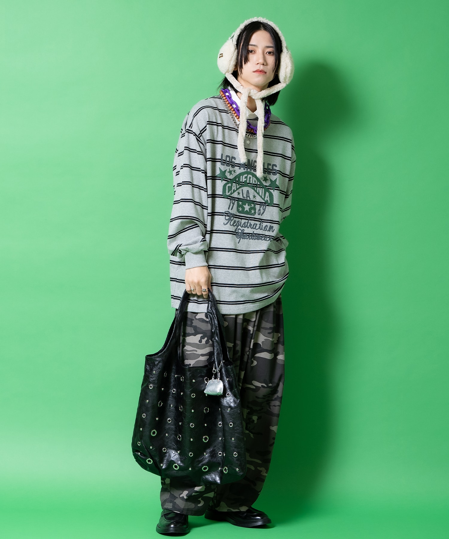 掠れアメカジプリントボーダー柄オーバーサイズラガーシャツ / ユニ