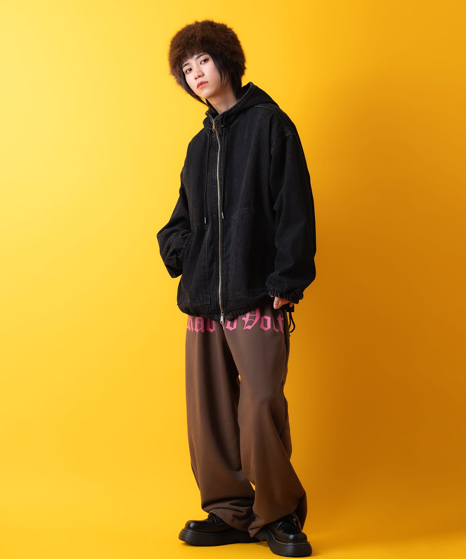 ブラックデニムオーバーサイズジップアップフーディーブルゾン / ZIP