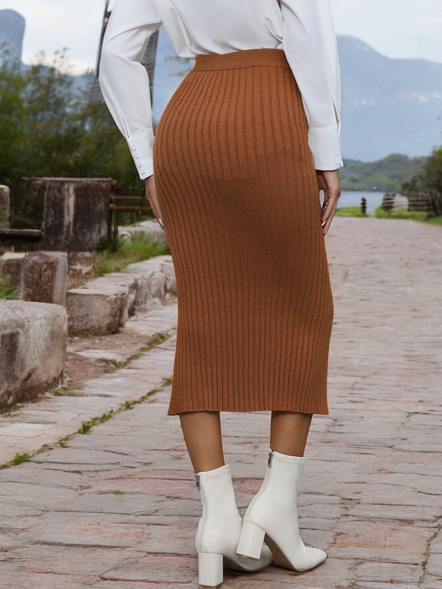 Anna-Kaci Women's Ribbed Knit Midi Skirt with Asymmetrical Button Deta