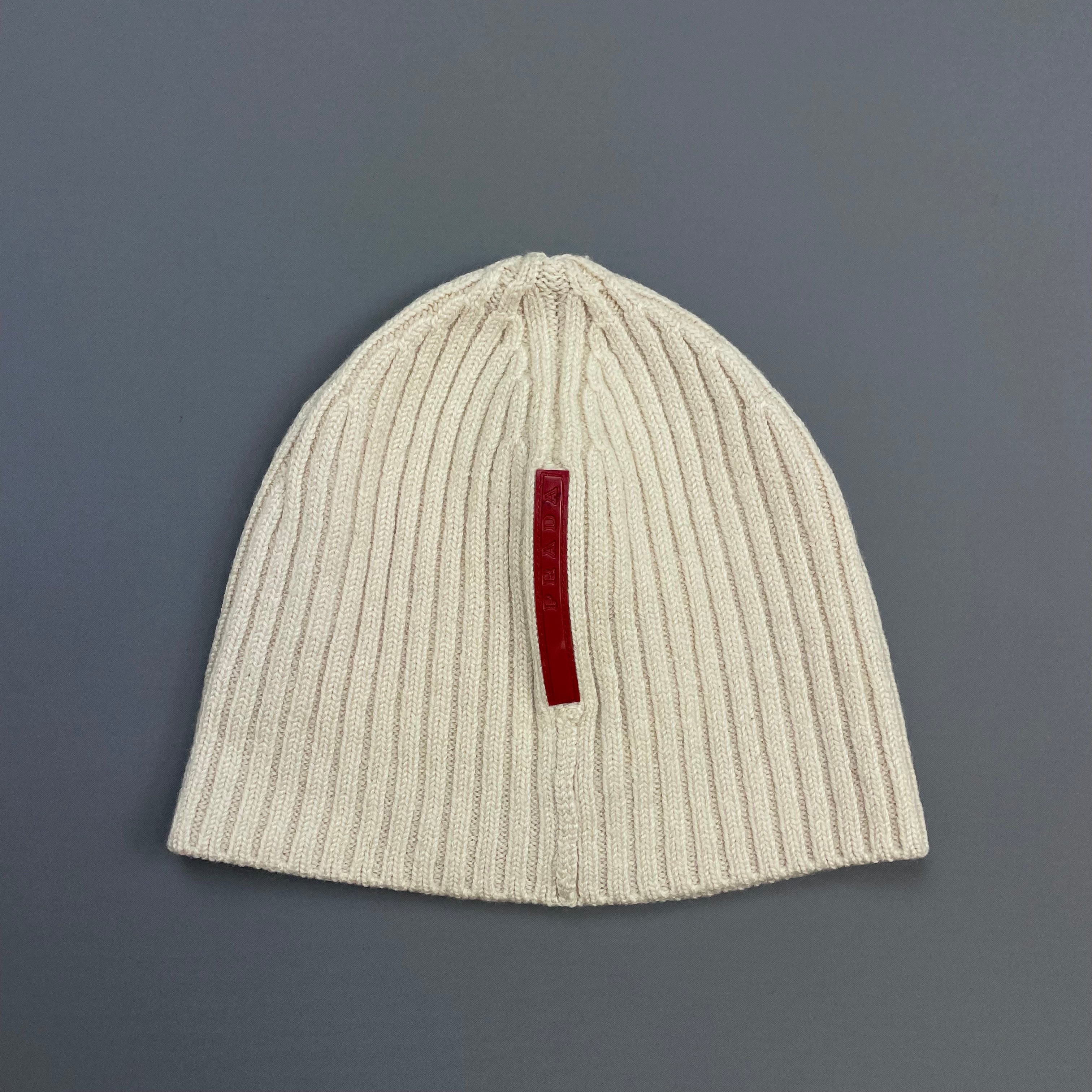 Prada Sport White Cream 00s Wool Knit Ribbed Beanie – ajpg_shop