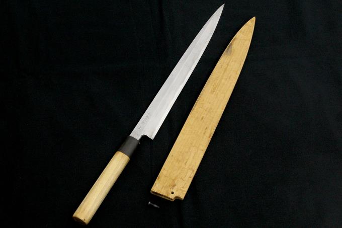 尚台刃物 柳刃包丁 一尺半 316mm 上霞 青鋼 水牛朴栗型柄 白鞘付 O791