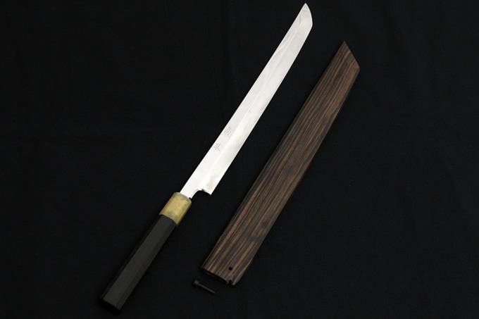 鈴木商事 先丸蛸引包丁 尺一 340mm 本焼 ステン系 平鏡面 水牛黒檀八角