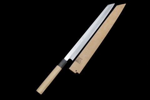 柳刃包丁 尺二 本焼 純日本鋼 切刃鏡面 朴柄 白鞘・箱付 λA5084-2L3A