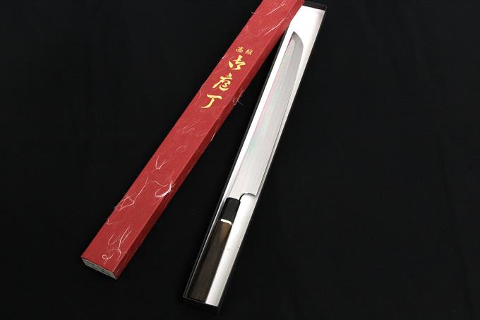 先丸蛸引包丁 尺 309mm 水本焼 白一鋼 平鏡面 水牛銀巻黒檀八角柄 O493