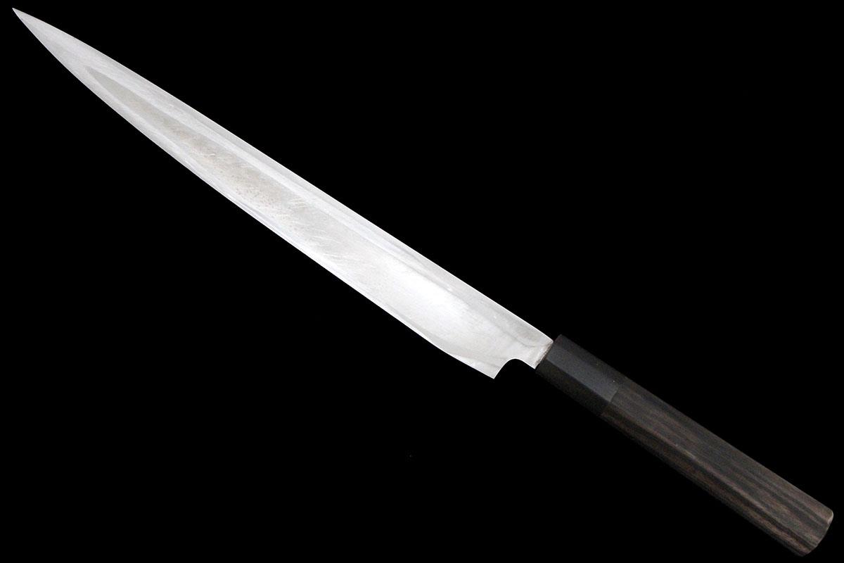 切り付け柳刃包丁 本焼き 黒檀 約33cm 鞘付き 作者 英 切り付け柳刃