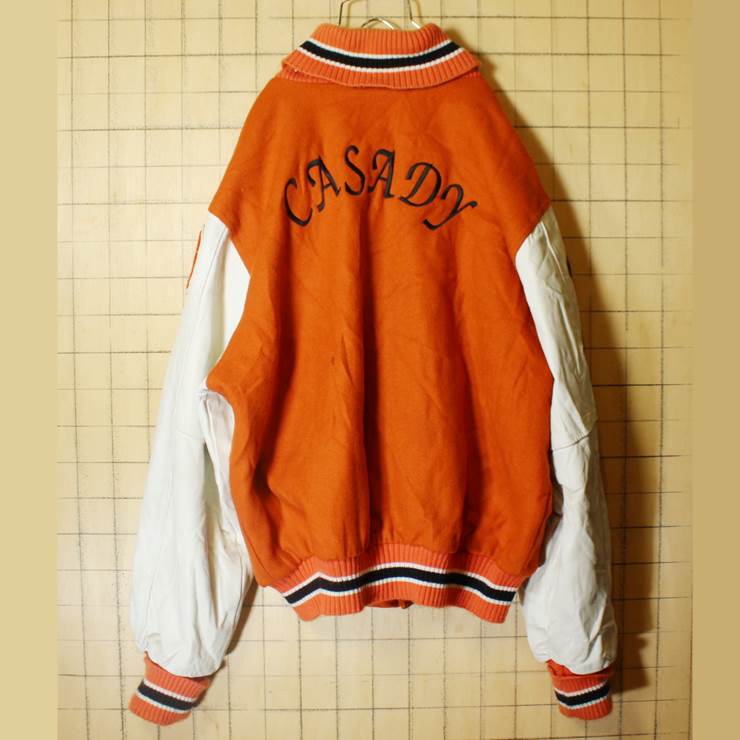 Rennoc USA製 メルトンウール スタジャン 袖レザー オレンジ ホワイト