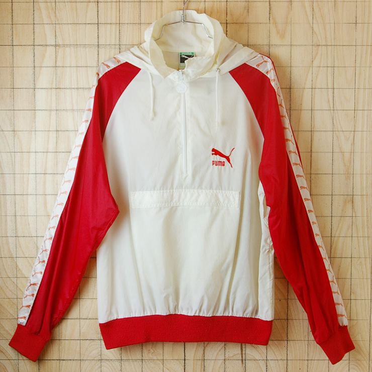 古着レッド×ホワイト(赤×白)フード付きナイロンジャケット・ウインド