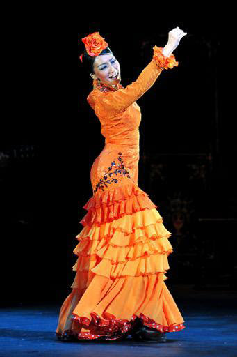 フラメンコドレス マロン地 白のストライプ フラメンコドレス マロン地